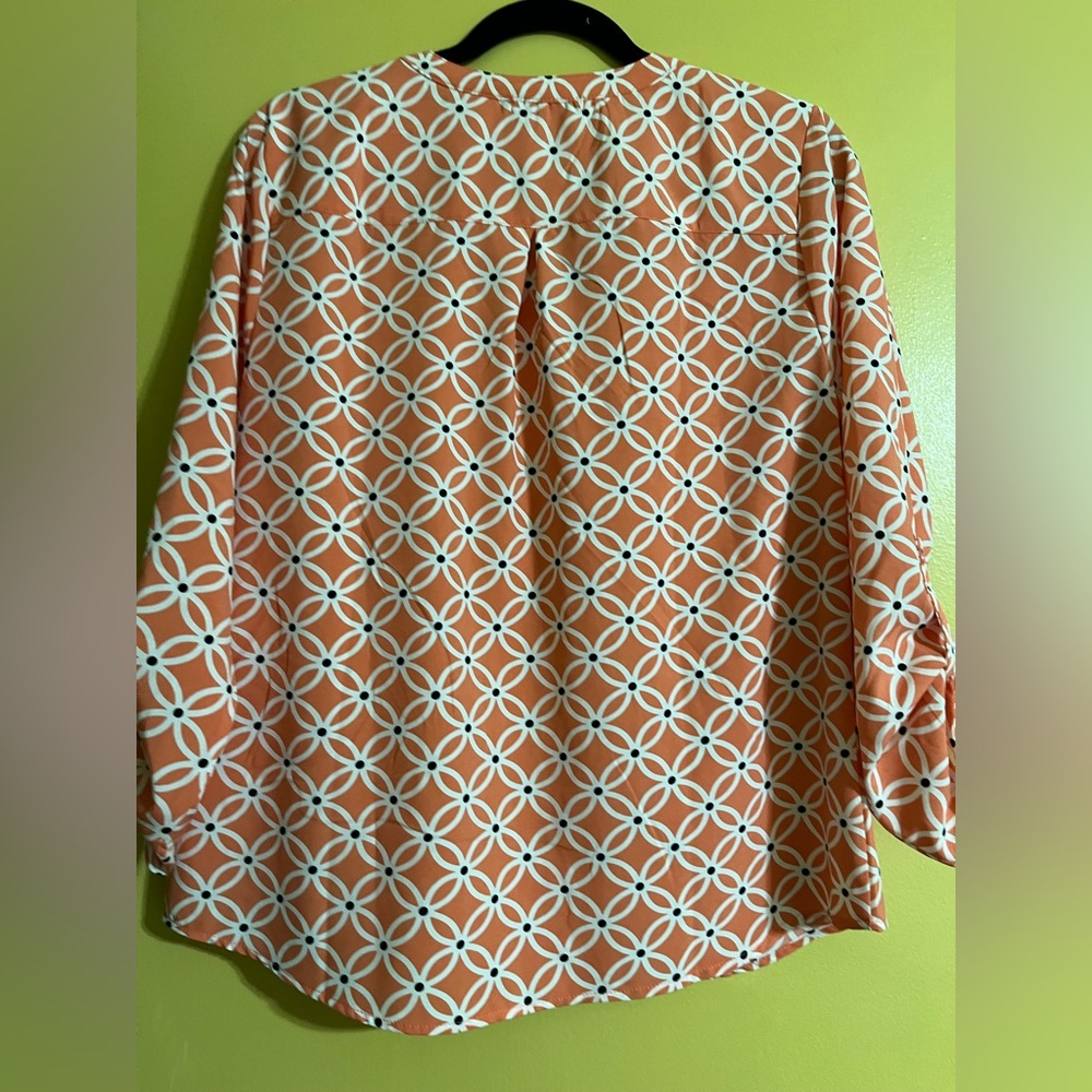 Geometric Print Roll-Tab Blouse - Orange - Picture 2 of 6